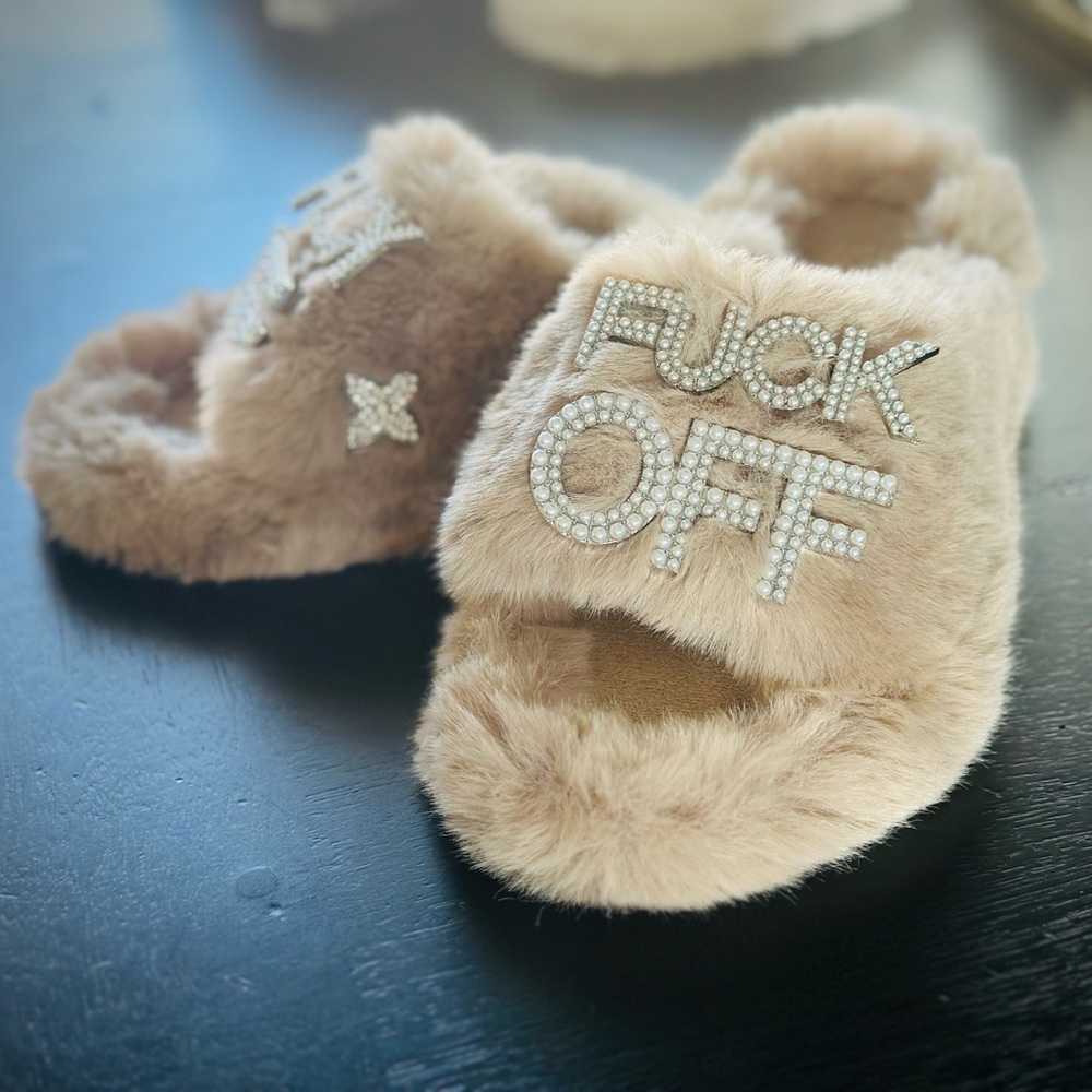 F#@k Off! Not a Morning Person! Faux Fur Beige Slippers w/Pearls & Rhinestones